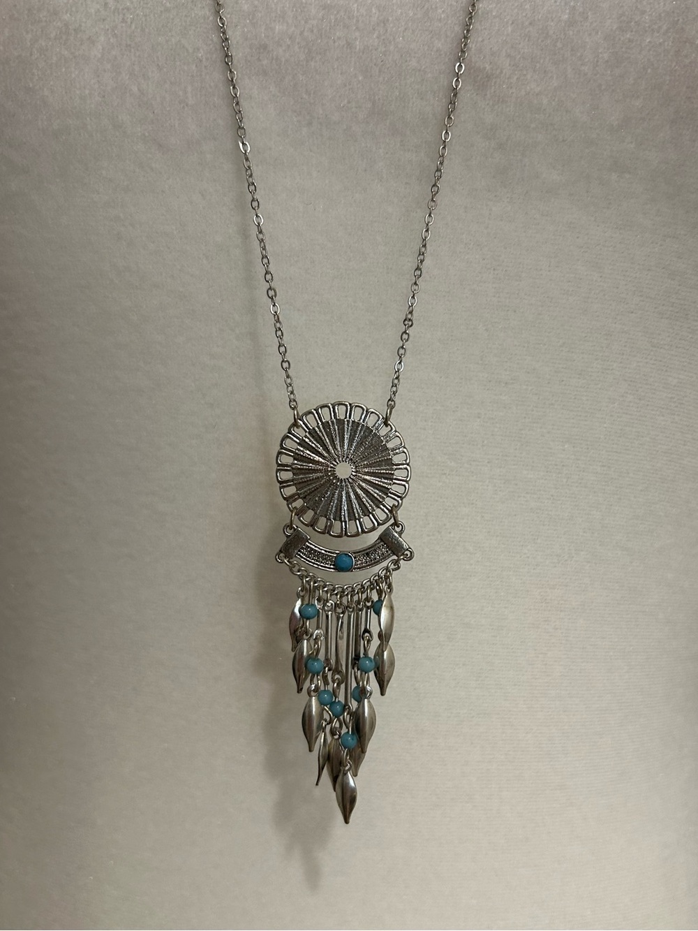 Silver Bohemian Dreamcatcher Pendant Necklace with Turquoise Accents